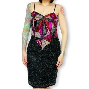 Vintage 1980's CHRISTIAN LACROIX Geometric Star Beaded Sequined Dress Medium